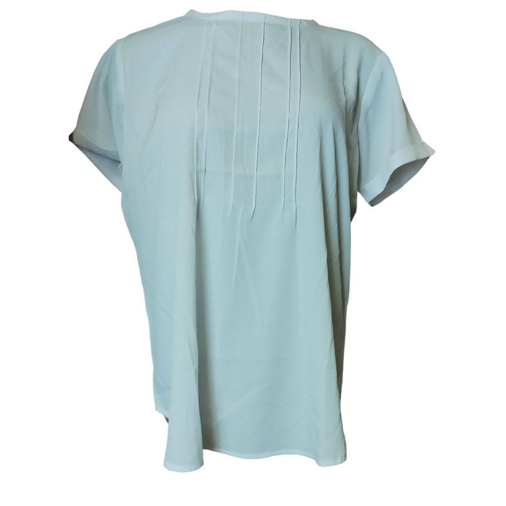 CW CLASSIC Womens L White Pleated Front Short Cuffed Sleeve Casual Summer Blouse